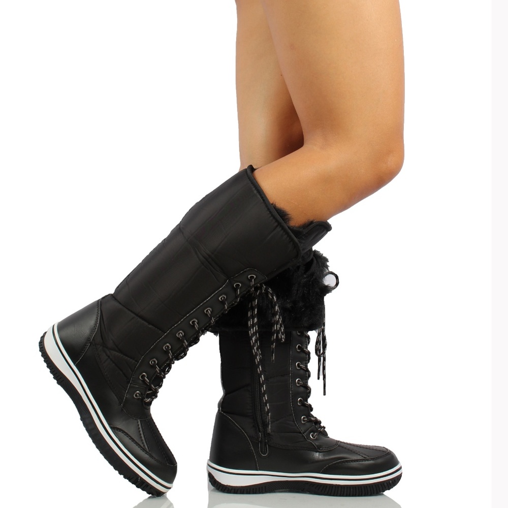 Black Nylon Lace Up Faux Fur Cuff Winter Snow Boot - Picture 7 of 8